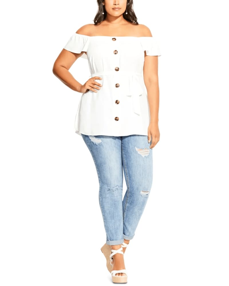 Front of a model wearing a size 20W City Chic Women's Trendy Plus Size Sweety Button Top White Size 20W in White by City Chic. | dia_product_style_image_id:311363